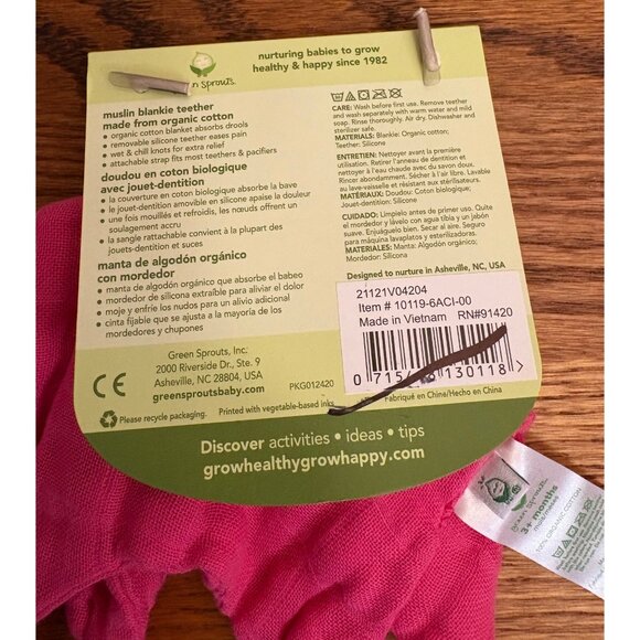 Green Sprouts Organic Cotton Muslin Blankie Teether - Pink 3+ Months - Picture 5 of 7